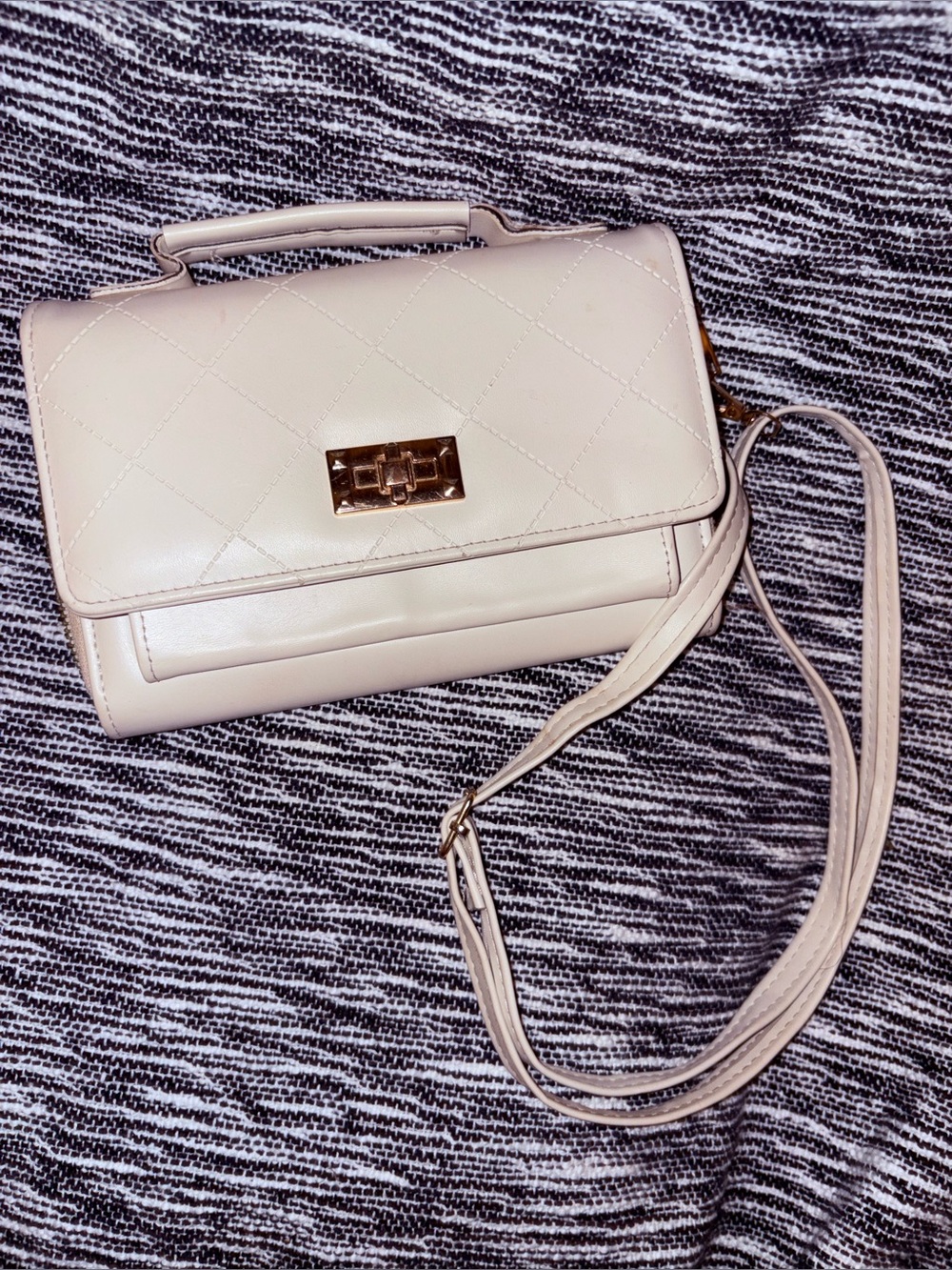 Cream Quilted Top-Handle Crossbody with Gold Turn-Lock